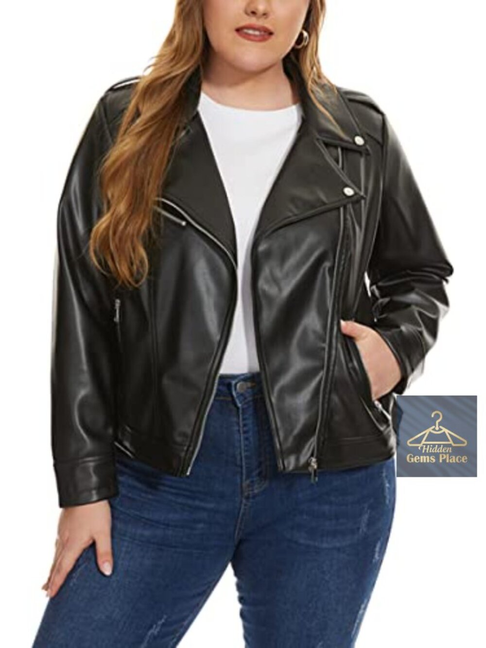 Faux Leather Moto Biker Jacket Zip Up Plus Size Fitted Coat Women's